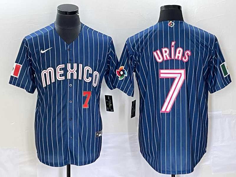 Mens Mexico Baseball #7 Julio Urias Number Navy Blue Pinstripe 2020 World Series Cool Base Nike Jersey3